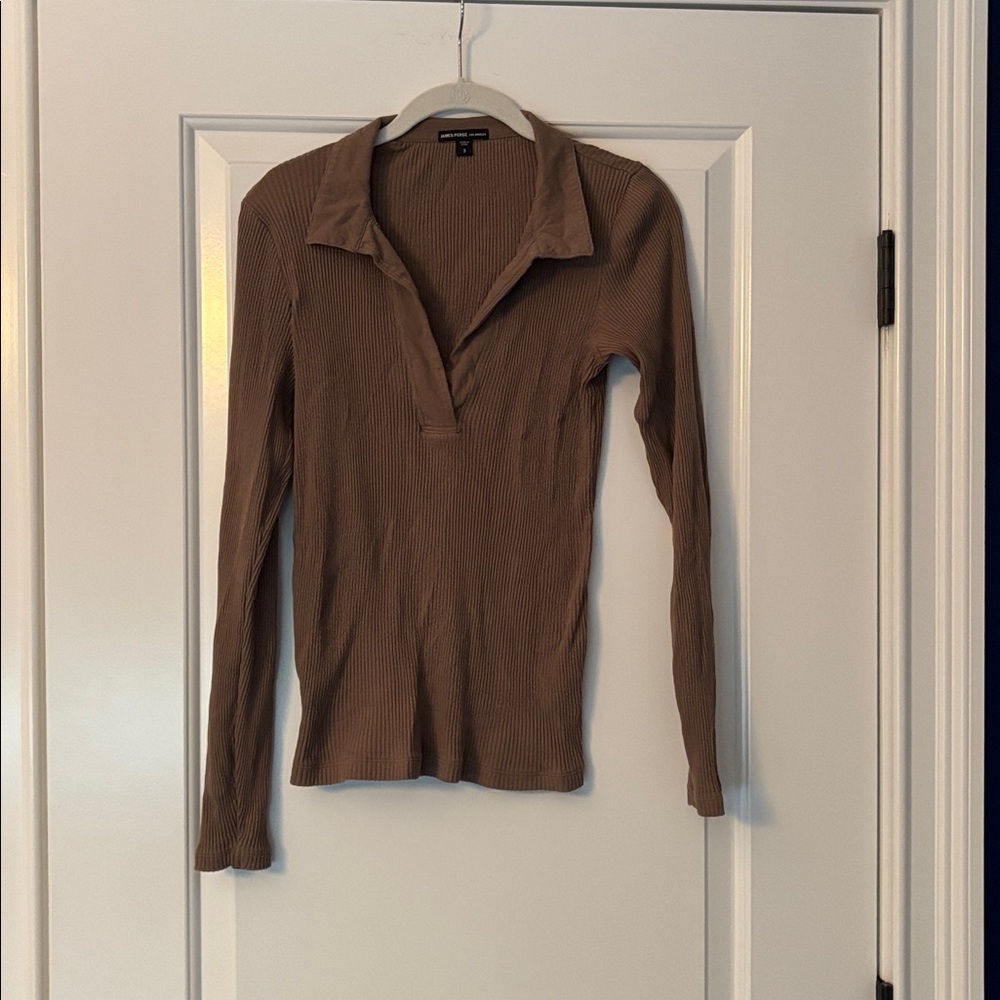 James Perse Taupe Ribbed Long Sleeve Top